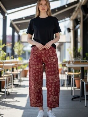 Women's Red Bandana Print Barrel Jeans